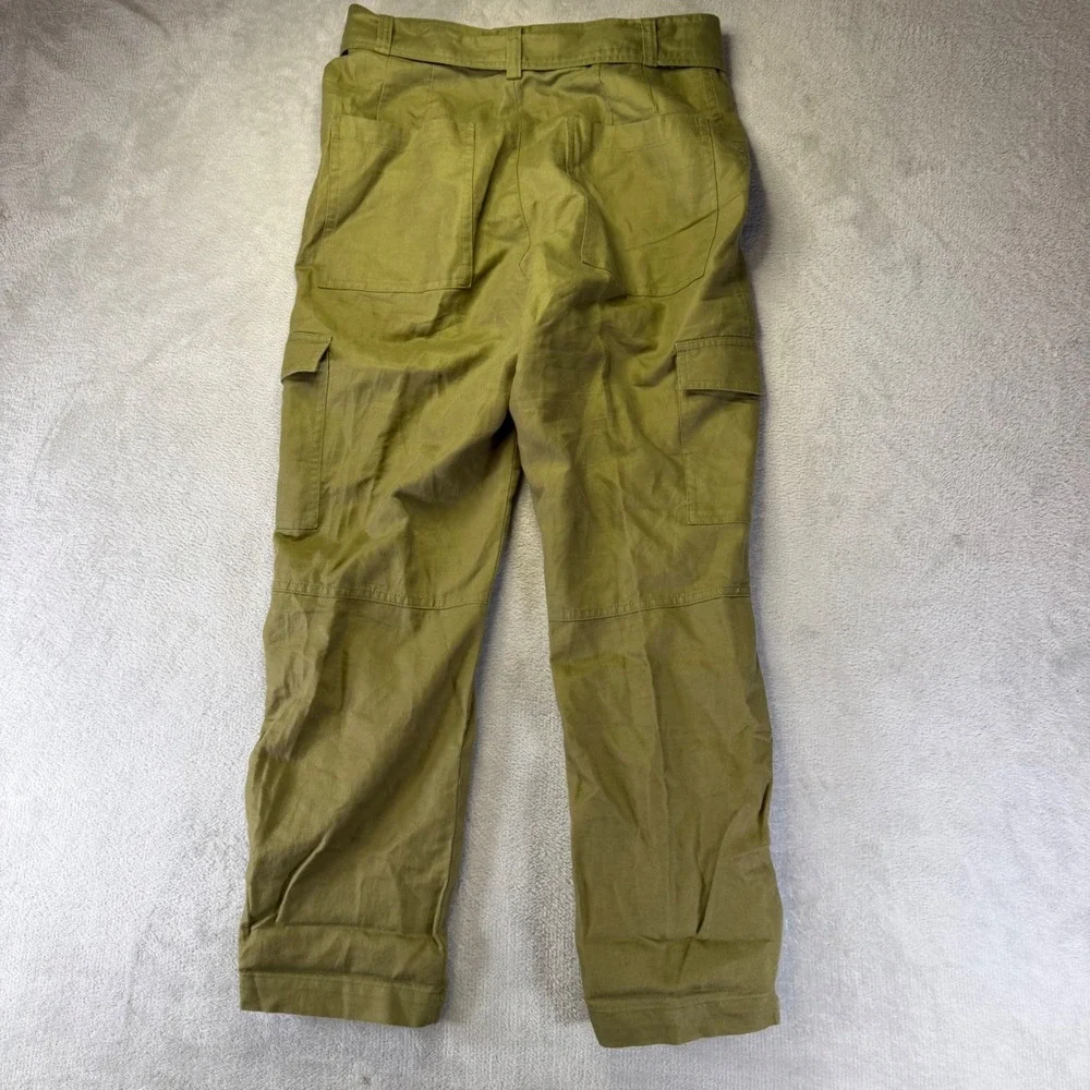 Quince Organic Cotton Linen Cargo Pants Olive Green Belted Utility Trousers XS
